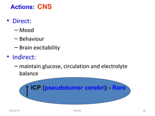 • Direct:
– Mood
– Behaviour
– Brain excitability
• Indirect:
– maintain glucose, circulation and electrolyte
balance
Actions: CNS
ICP (pseudotumor cerebri) - Rare
04/30/19 38PATKI
 