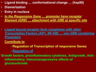 • Ligand binding … conformational change … (hsp90)
• Diamerization
• Entry in nucleus
• In the Responsive Gene … promoter have receptor
Element (GRE) … attachment with GRE at specific site
• Ligand bound receptor form complexes with other
Transcription Factors (AP1, NF-KB) … non GRE containing
Promoters
Contribute to
- Regulation of Transcription of responsive Genes
- Regulation of
Growth factors, proinflammotory cytokines, Antigrowth, Anti-
inflammatory, Immunosuppressive effects of
glucocortciods
 