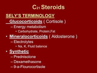 C21 Steroids
SELY’S TERMINOLOGY
Glucocorticoids ( Cortisole )
– Energy metabolism
• Carbohydrate, Protein,Fat
• Mineralocorticoids ( Aldosterone )
– Electrolytes
• Na, K, Fluid balance
• Synthetic
– Prednisolone
– Dexamethasone
– 9-a-Flourocortisole
 