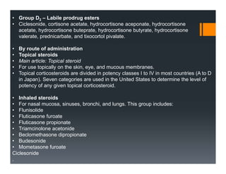 • Group D2 – Labile prodrug esters
• Ciclesonide, cortisone acetate, hydrocortisone aceponate, hydrocortisone
acetate, hydrocortisone buteprate, hydrocortisone butyrate, hydrocortisone
valerate, prednicarbate, and tixocortol pivalate.
• By route of administration
• Topical steroids
• Main article: Topical steroid
• For use topically on the skin, eye, and mucous membranes.
• Topical corticosteroids are divided in potency classes I to IV in most countries (A to D
in Japan). Seven categories are used in the United States to determine the level of
potency of any given topical corticosteroid.
• Inhaled steroids
• For nasal mucosa, sinuses, bronchi, and lungs. This group includes:
• Flunisolide
• Fluticasone furoate
• Fluticasone propionate
• Triamcinolone acetonide
• Beclomethasone dipropionate
• Budesonide
• Mometasone furoate
Ciclesonide
.
 