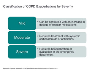 Classification of COPD Exacerbations by Severity
Adapted from Evensen AE. Management of COPD exacerbations. American family physician. 2010 Mar;81(5):607-13.
• Can be controlled with an increase in
dosage of regular medications
Mild
• Requires treatment with systemic
corticosteroids or antibiotics
Moderate
• Requires hospitalization or
evaluation in the emergency
department
Severe
 