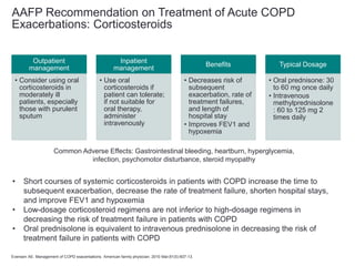 AAFP Recommendation on Treatment of Acute COPD
Exacerbations: Corticosteroids
Evensen AE. Management of COPD exacerbations. American family physician. 2010 Mar;81(5):607-13.
Outpatient
management
• Consider using oral
corticosteroids in
moderately ill
patients, especially
those with purulent
sputum
Inpatient
management
• Use oral
corticosteroids if
patient can tolerate;
if not suitable for
oral therapy,
administer
intravenously
Benefits
• Decreases risk of
subsequent
exacerbation, rate of
treatment failures,
and length of
hospital stay
• Improves FEV1 and
hypoxemia
Typical Dosage
• Oral prednisone: 30
to 60 mg once daily
• Intravenous
methylprednisolone
: 60 to 125 mg 2
times daily
Common Adverse Effects: Gastrointestinal bleeding, heartburn, hyperglycemia,
infection, psychomotor disturbance, steroid myopathy
• Short courses of systemic corticosteroids in patients with COPD increase the time to
subsequent exacerbation, decrease the rate of treatment failure, shorten hospital stays,
and improve FEV1 and hypoxemia
• Low-dosage corticosteroid regimens are not inferior to high-dosage regimens in
decreasing the risk of treatment failure in patients with COPD
• Oral prednisolone is equivalent to intravenous prednisolone in decreasing the risk of
treatment failure in patients with COPD
 
