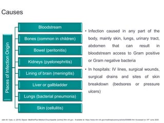 Causes
• Infection caused in any part of the
body, mainly skin, lungs, urinary tract,
abdomen that can result in
bloodstream access to Gram positive
or Gram negative bacteria
• In hospitals: IV lines, surgical wounds,
surgical drains and sites of skin
breakdown (bedsores or pressure
ulcers)
Places
of
Infection
Origin
Bloodstream
Bones (common in children)
Bowel (peritonitis)
Kidneys (pyelonephritis)
Lining of brain (meningitis)
Liver or gallbladder
Lungs (bacterial pneumonia)
Skin (cellulitis)
Jatin M. Vyas, a. (2016) Sepsis: MedlinePlus Medical Encyclopedia. [online] Nlm.nih.gov. Available at: https://www.nlm.nih.gov/medlineplus/ency/article/000666.htm Accessed on 18th June 2020
 