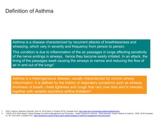 Definition of Asthma
Asthma is a disease characterized by recurrent attacks of breathlessness and
wheezing, which vary in severity and frequency from person to person.
This condition is due to inflammation of the air passages in lungs affecting sensitivity
of the nerve endings in airways, hence they become easily irritated. In an attack, the
lining of the passages swell causing the airways to narrow and reducing the flow of
air in and out of the lungs1
Asthma is a heterogeneous disease, usually characterized by chronic airway
inflammation. It is defined by the history of respiratory symptoms such as wheeze,
shortness of breath, chest tightness and cough that vary over time and in intensity,
together with variable expiratory airflow limitation2
1. WHO | Asthma: Definition [Internet]. Who.int. 2018 [cited 14 October 2019]. Available from: http://www.who.int/respiratory/asthma/definition/en/
2. (*NEW) 2018 GINA Report: Global Strategy for Asthma Management and Prevention - Global Initiative for Asthma - GINA [Internet]. Global Initiative for Asthma - GINA. 2018 Accessed
on 18th June 2020. Available from: https://ginasthma.org/2018-gina-report-global-strategy-for-asthma-management-and-prevention/
 