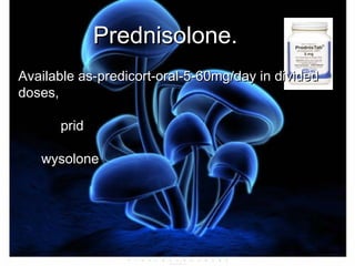 Prednisolone.Prednisolone.
Available as-predicort-oral-5-60mg/day in dividedAvailable as-predicort-oral-5-60mg/day in divided
doses,doses,
pridprid
wysolonewysolone
 