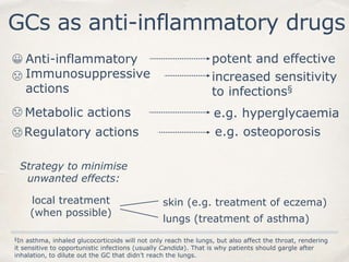 GCs as anti-inflammatory drugs
Anti-inflammatory
Immunosuppressive
actions
Metabolic actions
Regulatory actions
§In asthma, inhaled glucocorticoids will not only reach the lungs, but also affect the throat, rendering
it sensitive to opportunistic infections (usually Candida). That is why patients should gargle after
inhalation, to dilute out the GC that didn’t reach the lungs.
😀
😡
😡
Strategy to minimise
unwanted effects:
local treatment
(when possible)
skin (e.g. treatment of eczema)
😡
lungs (treatment of asthma)
potent and effective
increased sensitivity
to infections§
e.g. hyperglycaemia
e.g. osteoporosis
 
