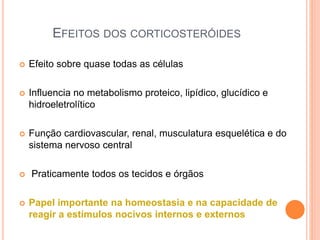 EFEITOS DOS CORTICOSTERÓIDES
 Efeito sobre quase todas as células
 Influencia no metabolismo proteico, lipídico, glucídico e
hidroeletrolítico
 Função cardiovascular, renal, musculatura esquelética e do
sistema nervoso central
 Praticamente todos os tecidos e órgãos
 Papel importante na homeostasia e na capacidade de
reagir a estímulos nocivos internos e externos
 