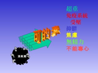 3. 消耗期
超重
免疫系統
受壓
抑鬱
焦慮
無精力
不能專心
 