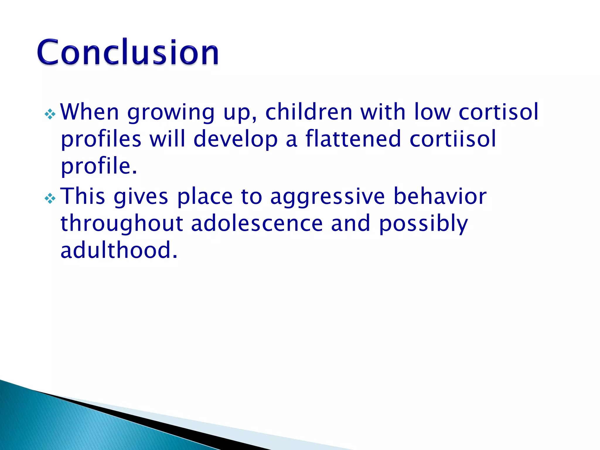  When   growing up, children with low cortisol
  profiles will develop a flattened cortiisol
  profile.
 This gives place to aggressive behavior
  throughout adolescence and possibly
  adulthood.
 