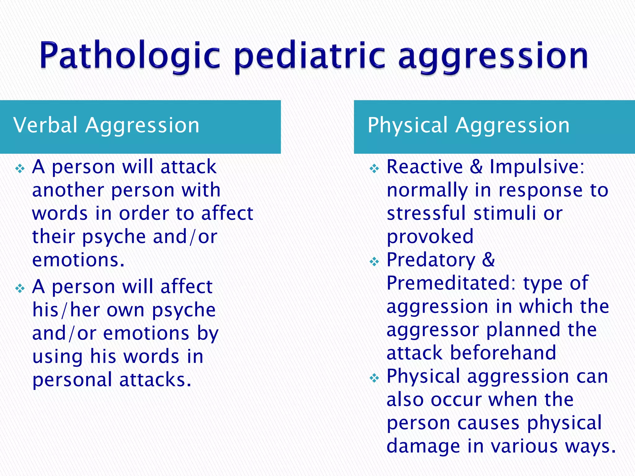 Verbal Aggression              Physical Aggression
   A person will attack          Reactive & Impulsive:
    another person with            normally in response to
    words in order to affect       stressful stimuli or
    their psyche and/or            provoked
    emotions.                     Predatory &
   A person will affect           Premeditated: type of
    his/her own psyche             aggression in which the
    and/or emotions by             aggressor planned the
    using his words in             attack beforehand
    personal attacks.             Physical aggression can
                                   also occur when the
                                   person causes physical
                                   damage in various ways.
 