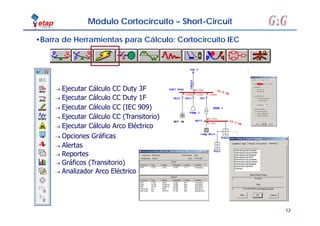 12
•Barra de Herramientas para Cálculo: Cortocircuito IEC
 Ejecutar Cálculo CC (IEC 909)
 Ejecutar Cálculo CC (Transitorio)
 Ejecutar Cálculo Arco Eléctrico
 Opciones Gráficas
 Reportes
Módulo Cortocircuito – Short-Circuit
 Ejecutar Cálculo CC Duty 3F
 Ejecutar Cálculo CC Duty 1F
 Gráficos (Transitorio)
 Analizador Arco Eléctrico
 Alertas
 