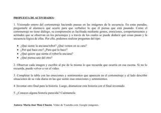 PROPUESTA DE ACTIVIDADES:
1. Visionado entero del cortometraje haciendo pausas en las imágenes de la secuencia. En estas paradas,
preguntarle al alumno/a qué ocurre para que verbalice lo que él piensa que está pasando. Como el
cortometraje no tiene diálogo, su comprensión es facilitada mediante gestos, emociones, comportamientos y
actitudes que se observan en los personajes y a través de los cuales se puede deducir qué cosas pasan y la
secuencia lógica de ellas. Por ello, podemos realizar preguntas del tipo:
• ¿Qué siente la anciana/robot? ¿Qué vemos en su cara?
• ¿Por qué hace eso? ¿Para qué lo hace?
• ¿Qué quiere que sienta el robot/la anciana?
• ¿Qué piensa uno del otro?
2. Observar cada imagen y escribir al pie de la misma lo que recuerda que ocurría en esa escena. Si no lo
recuerda, puede volver a ver el vídeo.
3. Completar la tabla con las emociones y sentimientos que aparecen en el cortometraje y al lado describir
situaciones de su vida diaria en las que siente esas emociones y sentimientos.
4. Inventar otro final para la historia. Luego, dramatizar esta historia con el final inventado.
5. ¿Conoces alguna historia parecida? Cuéntamela.
Autora: María José Maíz Chacón. Vídeo de Youtube.com. Google imágenes.
 
