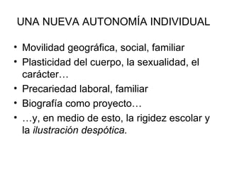 UNA NUEVA AUTONOMÍA INDIVIDUAL

• Movilidad geográfica, social, familiar
• Plasticidad del cuerpo, la sexualidad, el
  carácter…
• Precariedad laboral, familiar
• Biografía como proyecto…
• …y, en medio de esto, la rigidez escolar y
  la ilustración despótica.
 