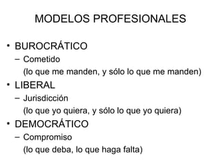 MODELOS PROFESIONALES

• BUROCRÁTICO
 – Cometido
   (lo que me manden, y sólo lo que me manden)
• LIBERAL
 – Jurisdicción
   (lo que yo quiera, y sólo lo que yo quiera)
• DEMOCRÁTICO
 – Compromiso
   (lo que deba, lo que haga falta)
 