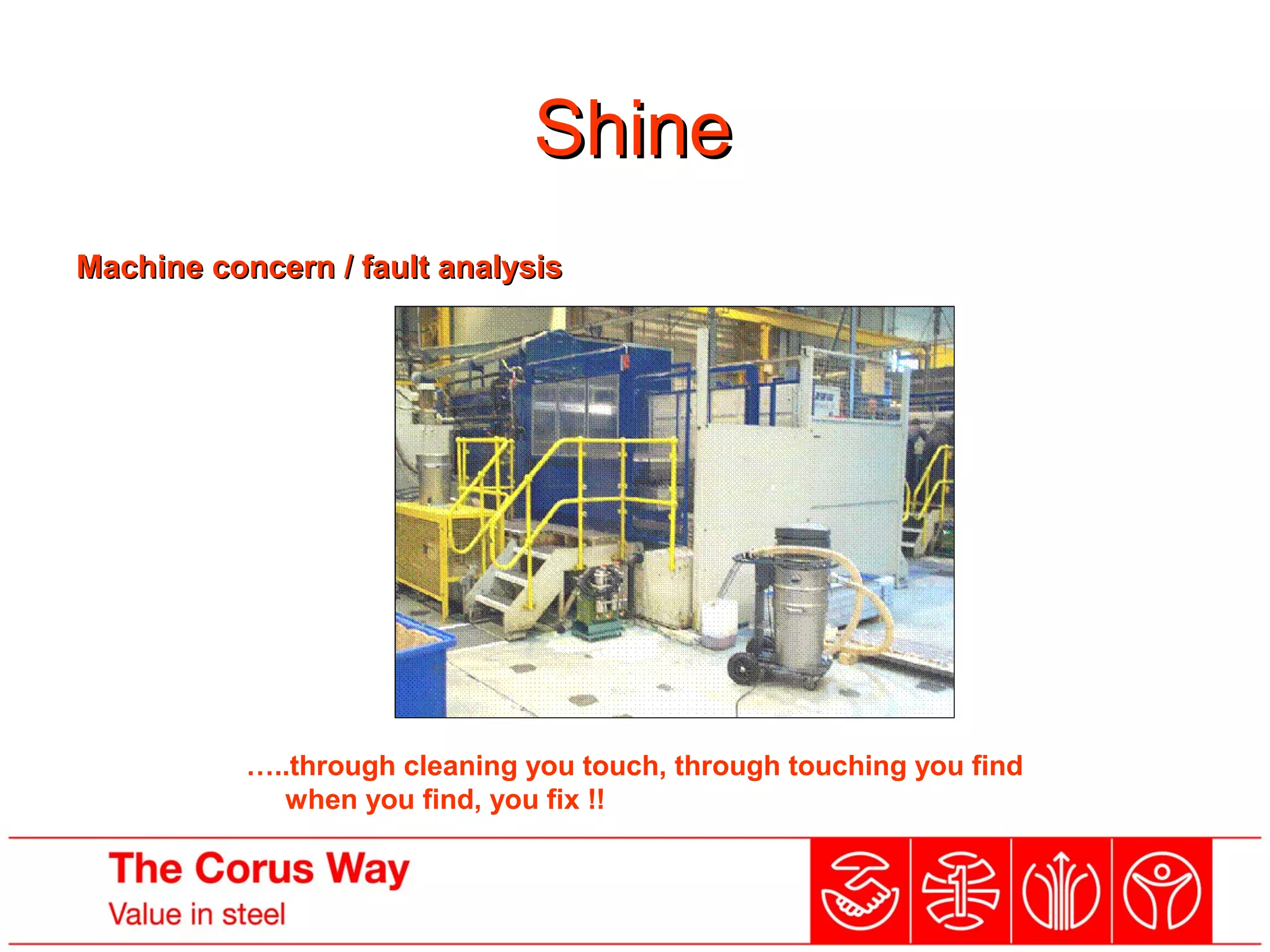 ShineShine
Machine concern / fault analysisMachine concern / fault analysis
…..through cleaning you touch, through touching you find
when you find, you fix !!
 
