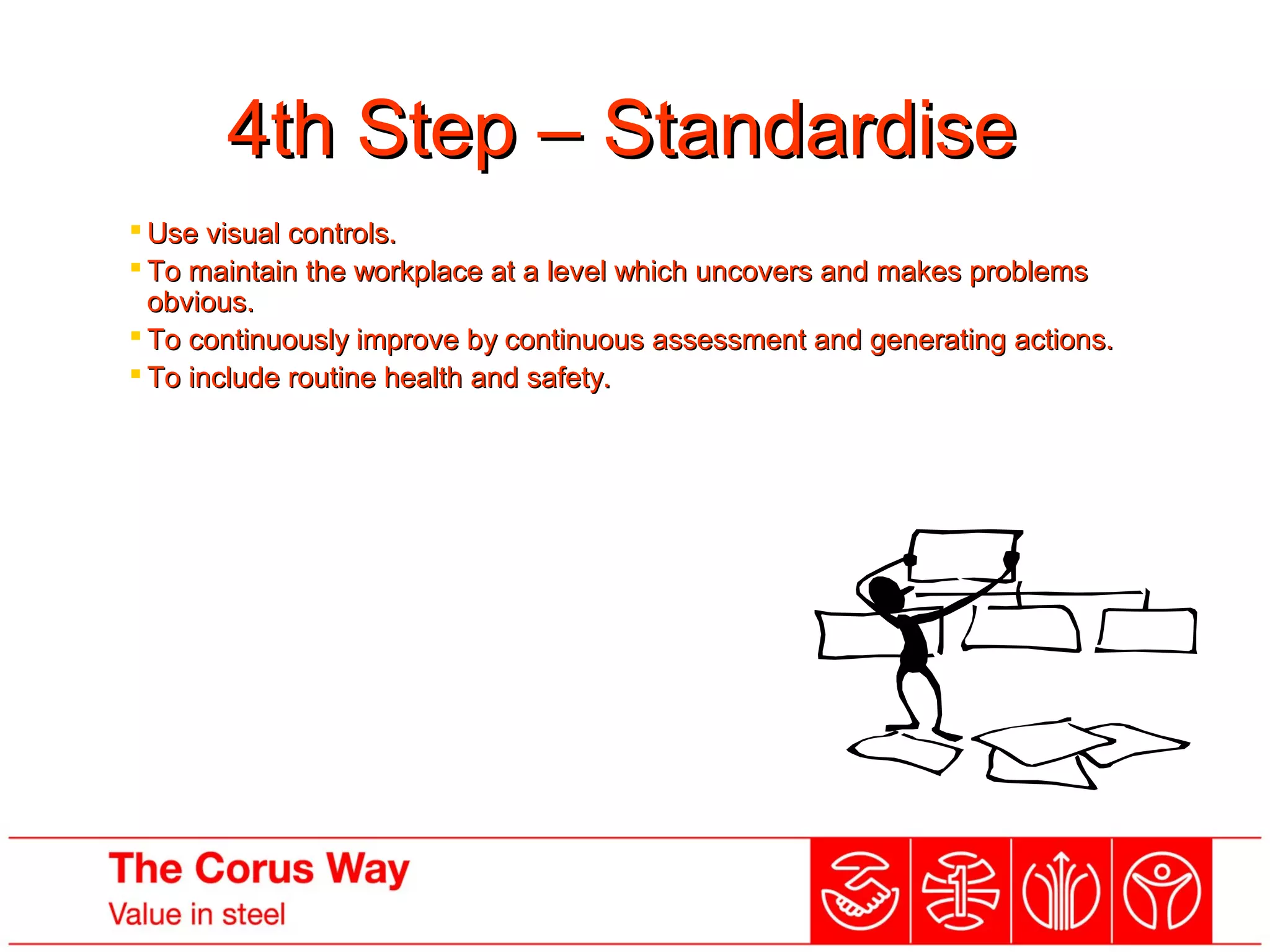 4th Step – Standardise4th Step – Standardise
…..the system must be controlled
and maintained (using agreed
standards.)
 Use visual controls.Use visual controls.
 To maintain the workplace at a level which uncovers and makes problemsTo maintain the workplace at a level which uncovers and makes problems
obvious.obvious.
 To continuously improve by continuous assessment and generating actions.To continuously improve by continuous assessment and generating actions.
 To include routine health and safety.To include routine health and safety.
 