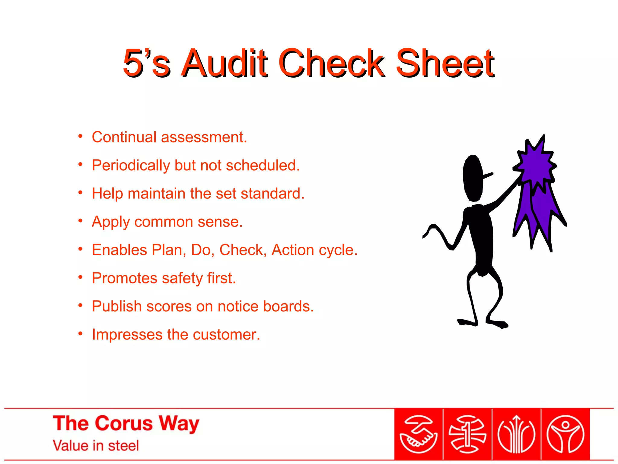 5’s Audit Check Sheet5’s Audit Check Sheet
• Continual assessment.
• Periodically but not scheduled.
• Help maintain the set standard.
• Apply common sense.
• Enables Plan, Do, Check, Action cycle.
• Promotes safety first.
• Publish scores on notice boards.
• Impresses the customer.
 