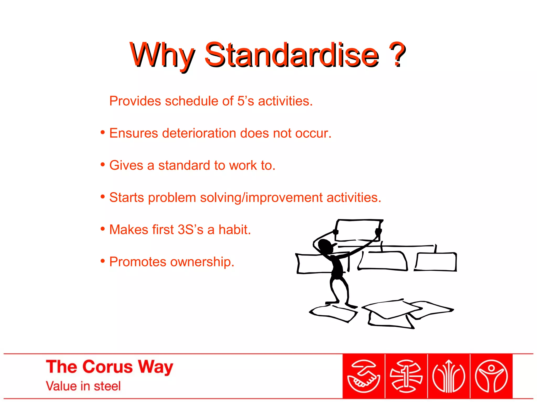 Why Standardise ?Why Standardise ?
• Provides schedule of 5’s activities.
• Ensures deterioration does not occur.
• Gives a standard to work to.
• Starts problem solving/improvement activities.
• Makes first 3S’s a habit.
• Promotes ownership.
 