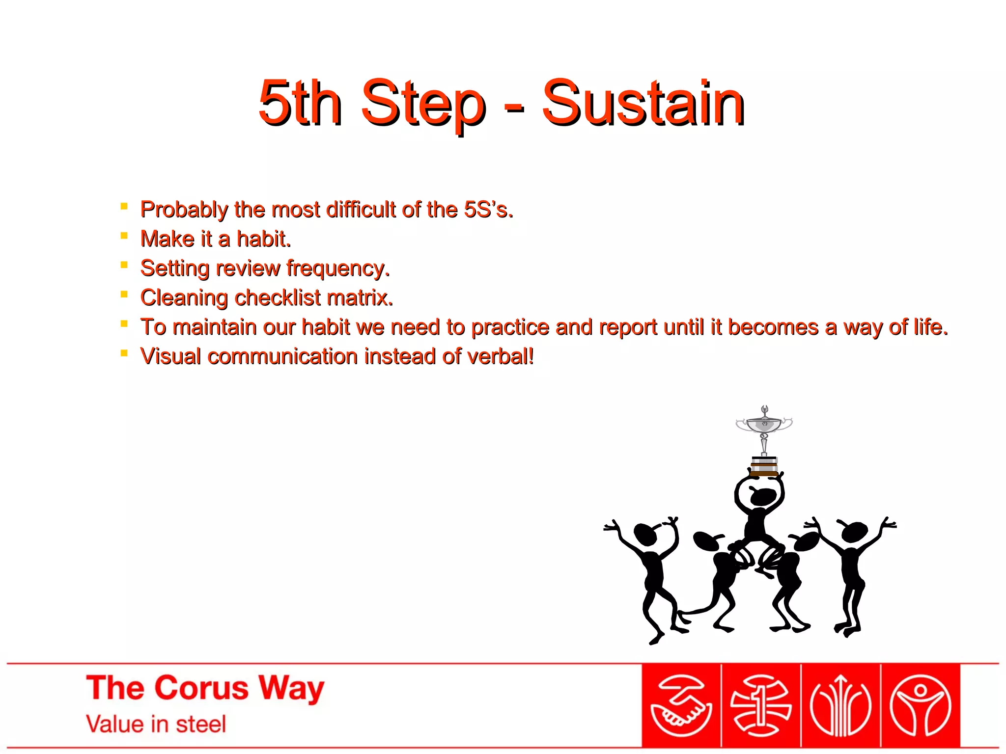 5th Step - Sustain5th Step - Sustain
 Probably the most difficult of the 5S’s.Probably the most difficult of the 5S’s.
 Make it a habit.Make it a habit.
 Setting review frequency.Setting review frequency.
 Cleaning checklist matrix.Cleaning checklist matrix.
 To maintain our habit we need to practice and report until it becomes a way of life.To maintain our habit we need to practice and report until it becomes a way of life.
 Visual communication instead of verbal!Visual communication instead of verbal!
“Its everyone’s responsibility”
…..Ownership !!
Without it the other steps will fail!
 