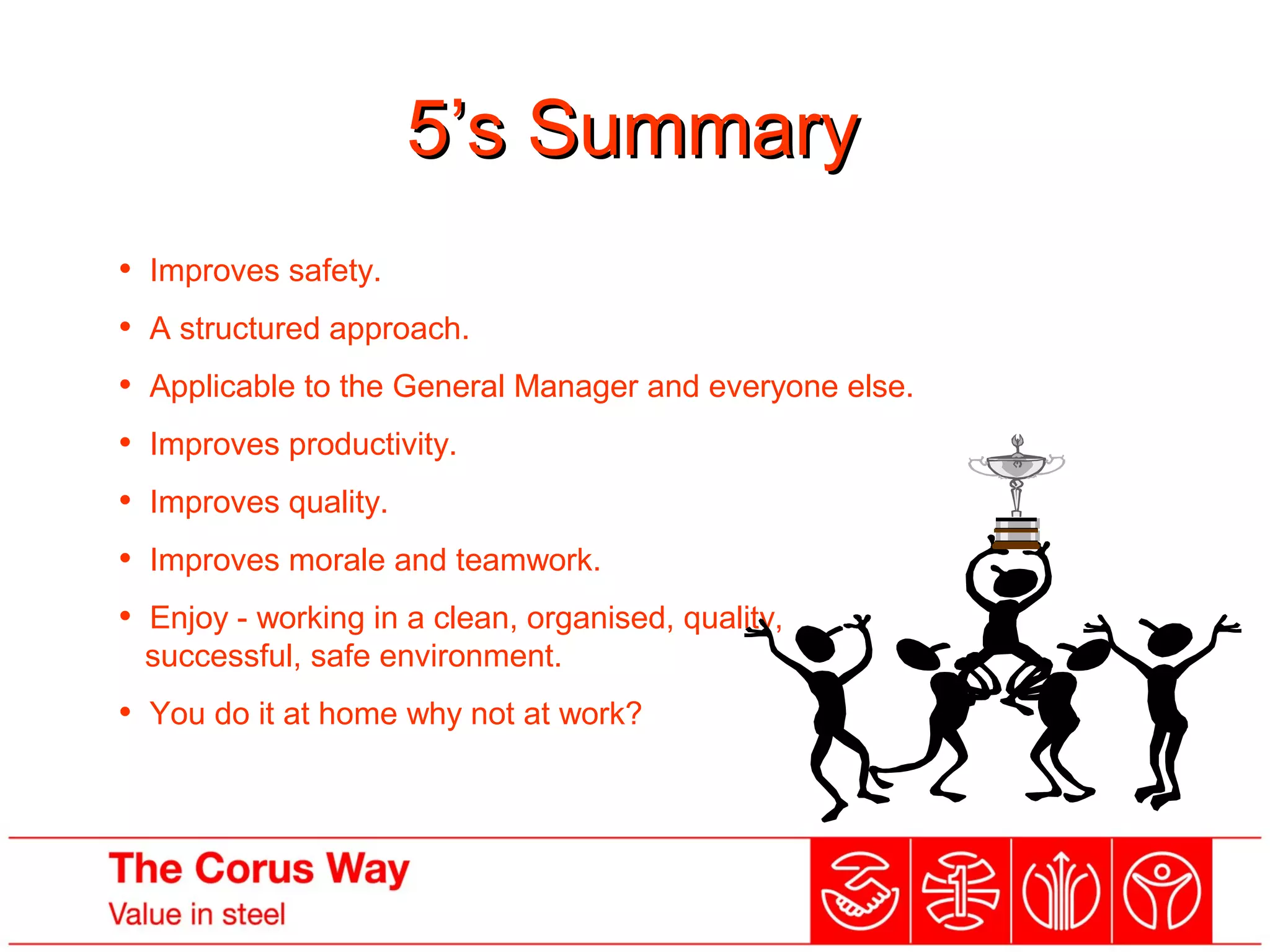 5’s Summary5’s Summary
• Improves safety.
• A structured approach.
• Applicable to the General Manager and everyone else.
• Improves productivity.
• Improves quality.
• Improves morale and teamwork.
• Enjoy - working in a clean, organised, quality,
successful, safe environment.
• You do it at home why not at work?
 