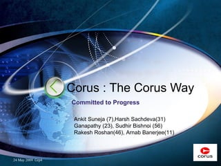 Corus : The Corus Way Committed to Progress Ankit Suneja (7),Harsh Sachdeva(31) Ganapathy (23), Sudhir Bishnoi (56) Rakesh Roshan(46), Arnab Banerjee(11) 