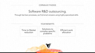 Time to Market
reduction
Solutions to
complex specific
problems
Efficient work
allocation
Through fast lean processes, we find smart answers using highly specialized skills.