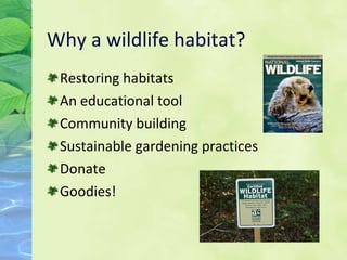 Why a wildlife habitat? Restoring habitats An educational tool Community building Sustainable gardening practices Donate Goodies! 