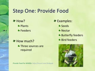 Step One: Provide Food How? Plants Feeders How much? Three sources are required Examples: Seeds Nectar Butterfly feeders Bird feeders Provide Food For Wildlife:  http: //tinyurl .com/3e4quqk 