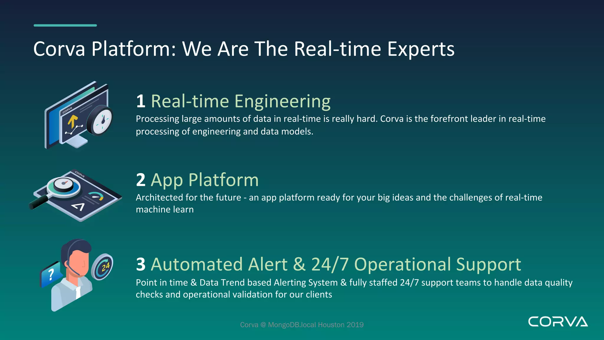 Corva Platform: We Are The Real-time Experts
1 Real-time Engineering
Processing large amounts of data in real-time is really hard. Corva is the forefront leader in real-time
processing of engineering and data models.
2 App Platform
Architected for the future - an app platform ready for your big ideas and the challenges of real-time
machine learn
3 Automated Alert & 24/7 Operational Support
Point in time & Data Trend based Alerting System & fully staffed 24/7 support teams to handle data quality
checks and operational validation for our clients
Corva @ MongoDB.local Houston 2019
 