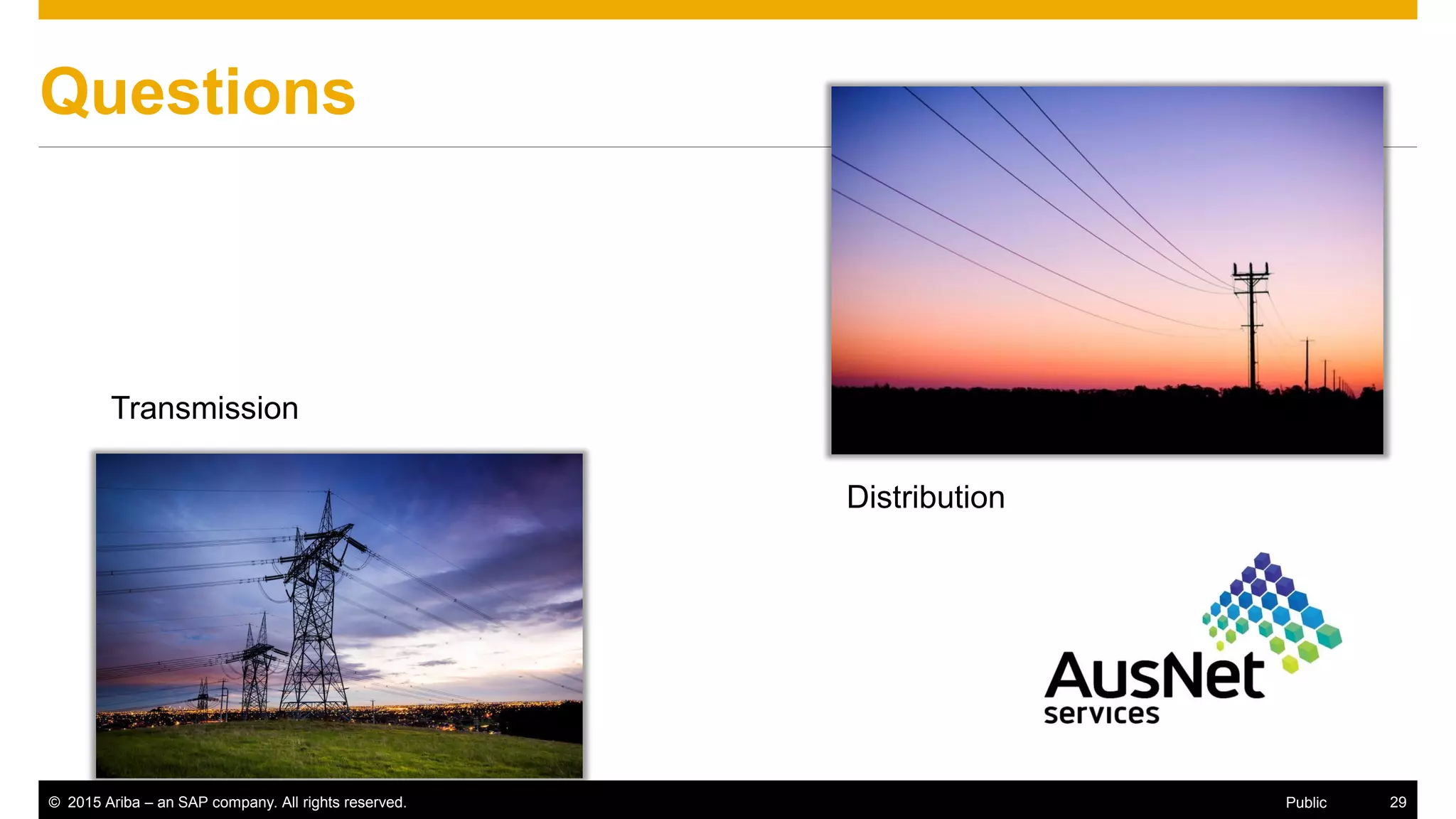 © 2015 Ariba – an SAP company. All rights reserved. 29Public
Questions
Distribution
Transmission
 