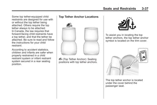 Chevrolet Corvette Owner Manual - 2012                                                   Black plate (37,1)




                                                                                   Seats and Restraints            3-37

       Some top tether-equipped child         Top Tether Anchor Locations
       restraints are designed for use with
       or without the top tether being
       attached. Others require the top
       tether always to be attached.
       In Canada, the law requires that
       forward-facing child restraints have                                         To assist you in locating the top
       a top tether, and that the tether be                                         tether anchors, the top tether anchor
       attached. Be sure to read and follow                                         symbol is located on the trim cover.
       the instructions for your child
       restraint.
       According to accident statistics,
       children and infants are safer when
       properly restrained in a child
       restraint system or infant restraint   i (Top Tether Anchor): Seating
       system secured in a rear seating       positions with top tether anchors.
       position.




                                                                                    The top tether anchor is located
                                                                                    under the cover behind the
                                                                                    passenger seat.
 