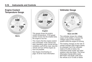 Chevrolet Corvette Owner Manual - 2012                                                     Black plate (16,1)




   5-16        Instruments and Controls

   Engine Coolant                                                                  Voltmeter Gauge
   Temperature Gauge




                                                        English
                                         This gauge shows the engine                          Base and Z06
                                         coolant temperature. If the gauge
                    Metric                                                         The voltmeter shows the voltage
                                         pointer moves into the shaded area,
                                         the engine is too hot.                    output of the battery. It shows the
                                                                                   voltage output of the charging
                                         This means that the engine coolant        system while the engine is running.
                                         has overheated. If the vehicle has
                                         been operating under normal driving       The reading changes as the rate of
                                         conditions, pull off the road, stop the   charge changes (with engine speed,
                                         vehicle and turn off the engine as        for example), but if the voltmeter
                                         soon as possible.                         reads at 9 volts or below, the
                                                                                   instrument panel cluster and other
                                         See Engine Overheating on                 systems may shut down. The Driver
                                         page 10‑30 for more information.          Information Center (DIC) reads
                                                                                   BATTERY VOLTAGE LOW when
                                                                                   the vehicle is at 10 volts or below.
 