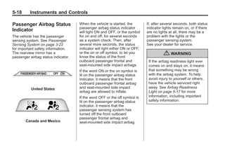 Chevrolet Corvette Owner Manual - 2012                                                     Black plate (18,1)




   5-18        Instruments and Controls

   Passenger Airbag Status               When the vehicle is started, the         If, after several seconds, both status
                                         passenger airbag status indicator        indicator lights remain on, or if there
   Indicator                             will light ON and OFF, or the symbol     are no lights at all, there may be a
   The vehicle has the passenger         for on and off, for several seconds      problem with the lights or the
   sensing system. See Passenger         as a system check. Then, after           passenger sensing system.
   Sensing System on page 3‑22           several more seconds, the status         See your dealer for service.
   for important safety information.     indicator will light either ON or OFF,
   The rearview mirror has a
   passenger airbag status indicator.
                                         or the on or off symbol, to let you
                                         know the status of the front
                                                                                            { WARNING
                                         outboard passenger frontal and            If the airbag readiness light ever
                                         seat-mounted side impact airbags.         comes on and stays on, it means
                                         If the word ON or the on symbol is        that something may be wrong
                                         lit on the passenger airbag status        with the airbag system. To help
                                         indicator, it means that the front        avoid injury to yourself or others,
                                         outboard passenger frontal airbag         have the vehicle serviced right
                United States            and seat-mounted side impact              away. See Airbag Readiness
                                         airbag are allowed to inflate.            Light on page 5‑17 for more
                                         If the word OFF or the off symbol is      information, including important
                                         lit on the passenger airbag status        safety information.
                                         indicator, it means that the
                                         passenger sensing system has
                                         turned off the front outboard
                                         passenger frontal airbag and
            Canada and Mexico            seat-mounted side impact airbag.
 