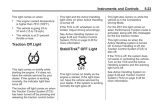 Chevrolet Corvette Owner Manual - 2012                                                        Black plate (23,1)




                                                                                 Instruments and Controls                5-23

       This light comes on when:                This light and the Active Handling      This light also comes on while the
       .   The engine coolant temperature       light come on when Active Handling      vehicle is in the Competitive
           is higher than 76°C (169°F).         is turned off.                          Driving Mode.
       .   The vehicle is going 24 to           If the TCS is off, wheelspin is not     For the ZR1 this light comes on
           31 km/h (15 to 19 mph).              limited. Adjust driving accordingly.    when Performance Traction mode is
                                                See Active Handling System on           activated, along with DIC messages
       .   The vehicle is at 21 percent                                                 for the five traction modes.
           throttle or less.                    page 9‑38 and Traction Control
                                                System (TCS) on page 9‑36 for           This light comes on when the
                                                more information.                       Active Handling system is turned
       Traction Off Light                                                               off. If Active Handling is off, the
                                                StabiliTrak® OFF Light                  Traction Control System (TCS) is
                                                                                        also off.
                                                                                        If the TCS is off, the system does
                                                                                        not assist in controlling the vehicle.
                                                                                        Turn on the TCS and the Active
                                                                                        Handling systems and the warning
                                                                                        light turns off.
       This light comes on briefly while
       starting the engine. If it does not,                                             See Active Handling System on
       have the vehicle serviced by your        This light comes on briefly as the      page 9‑38 and Traction Control
       dealer. If the system is working         engine is started. If the light does    System (TCS) on page 9‑36 for
       normally, the indicator light then       not, have the vehicle serviced by       more information.
       turns off.                               your dealer. If the system is working
                                                normally the light goes off.
       The traction off light comes on when
       the Traction Control System (TCS)
       has been turned off by pressing and
       releasing the traction control button.
 