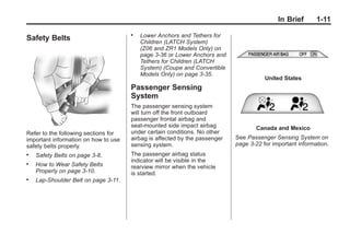 Chevrolet Corvette Owner Manual - 2012                                                  Black plate (11,1)




                                                                                                     In Brief     1-11
                                             .   Lower Anchors and Tethers for
       Safety Belts                              Children (LATCH System)
                                                 (Z06 and ZR1 Models Only) on
                                                 page 3‑36 or Lower Anchors and
                                                 Tethers for Children (LATCH
                                                 System) (Coupe and Convertible
                                                 Models Only) on page 3‑35.
                                                                                              United States
                                             Passenger Sensing
                                             System
                                             The passenger sensing system
                                             will turn off the front outboard
                                             passenger frontal airbag and
                                             seat‐mounted side impact airbag              Canada and Mexico
       Refer to the following sections for   under certain conditions. No other
       important information on how to use   airbag is affected by the passenger   See Passenger Sensing System on
       safety belts properly.                sensing system.                       page 3‑22 for important information.
       .   Safety Belts on page 3‑8.         The passenger airbag status
                                             indicator will be visible in the
       .   How to Wear Safety Belts          rearview mirror when the vehicle
           Properly on page 3‑10.            is started.
       .   Lap-Shoulder Belt on page 3‑11.
 