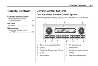 Chevrolet Corvette Owner Manual - 2012                                                                              Black plate (1,1)




                                                                                                                  Climate Controls              8-1

       Climate Controls                                             Climate Control Systems
                                                                    Dual Automatic Climate Control System
       Climate Control Systems                                      With this system the heating, cooling, and ventilation can be controlled.
        Dual Automatic Climate
         Control System . . . . . . . . . . . . . . 8-1
       Air Vents
        Air Vents . . . . . . . . . . . . . . . . . . . . . . 8-6
       Maintenance
        Passenger Compartment
         Air Filter . . . . . . . . . . . . . . . . . . . . . 8-7




                                                                    A. Driver Temperature Controls           F.   Air Conditioning
                                                                    B. Display                               G. Fan Control
                                                                    C. Passenger Temperature Control         H. Air Delivery Mode Control
                                                                    D. AUTO                                  I.   Defrost
                                                                    E. Recirculation                         J.   Rear Window Defogger
 