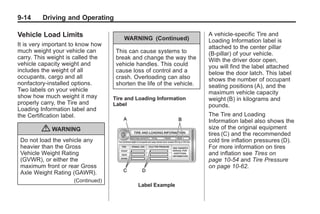 Chevrolet Corvette Owner Manual - 2012                                                  Black plate (14,1)




   9-14        Driving and Operating

   Vehicle Load Limits                          WARNING (Continued)
                                                                                A vehicle-specific Tire and
                                                                                Loading Information label is
   It is very important to know how                                             attached to the center pillar
   much weight your vehicle can              This can cause systems to          (B-pillar) of your vehicle.
   carry. This weight is called the          break and change the way the       With the driver door open,
   vehicle capacity weight and               vehicle handles. This could        you will find the label attached
   includes the weight of all                cause loss of control and a        below the door latch. This label
   occupants, cargo and all                  crash. Overloading can also        shows the number of occupant
   nonfactory‐installed options.             shorten the life of the vehicle.   seating positions (A), and the
   Two labels on your vehicle                                                   maximum vehicle capacity
   show how much weight it may              Tire and Loading Information        weight (B) in kilograms and
   properly carry, the Tire and             Label                               pounds.
   Loading Information label and
   the Certification label.                                                     The Tire and Loading
                                                                                Information label also shows the
               { WARNING                                                        size of the original equipment
                                                                                tires (C) and the recommended
     Do not load the vehicle any                                                cold tire inflation pressures (D).
     heavier than the Gross                                                     For more information on tires
     Vehicle Weight Rating                                                      and inflation see Tires on
     (GVWR), or either the                                                      page 10‑54 and Tire Pressure
     maximum front or rear Gross                                                on page 10‑62.
     Axle Weight Rating (GAWR).
                              (Continued)
                                                     Label Example
 