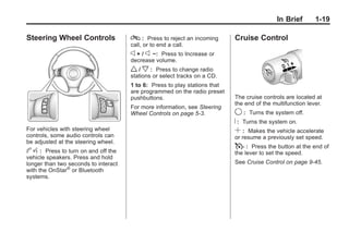 Chevrolet Corvette Owner Manual - 2012                                                    Black plate (19,1)




                                                                                                      In Brief      1-19

       Steering Wheel Controls                c : Press to reject an incoming       Cruise Control
                                              call, or to end a call.
                                              e+/e   −: Press to Increase or
                                              decrease volume.
                                              w / x : Press to change radio
                                              stations or select tracks on a CD.
                                              1 to 6: Press to play stations that
                                              are programmed on the radio preset
                                              pushbuttons.                          The cruise controls are located at
                                                                                    the end of the multifunction lever.
                                              For more information, see Steering
                                              Wheel Controls on page 5‑3.           9 : Turns the system off.
                                                                                    R : Turns the system on.
       For vehicles with steering wheel                                             S : Makes the vehicle accelerate
       controls, some audio controls can                                            or resume a previously set speed.
       be adjusted at the steering wheel.
                                                                                    T : Press the button at the end of
       bg:     Press to turn on and off the                                         the lever to set the speed.
       vehicle speakers. Press and hold
       longer than two seconds to interact                                          See Cruise Control on page 9‑45.
       with the OnStar® or Bluetooth
       systems.
 