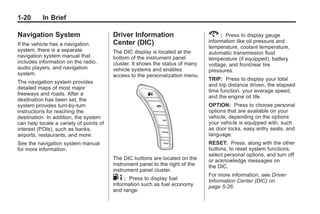 Chevrolet Corvette Owner Manual - 2012                                                     Black plate (20,1)




   1-20        In Brief

   Navigation System                        Driver Information                     2 : Press to display gauge
                                            Center (DIC)                           information like oil pressure and
   If the vehicle has a navigation
                                                                                   temperature, coolant temperature,
   system, there is a separate              The DIC display is located at the      automatic transmission fluid
   navigation system manual that            bottom of the instrument panel         temperature (if equipped), battery
   includes information on the radio,       cluster. It shows the status of many   voltage, and front/rear tire
   audio players, and navigation            vehicle systems and enables            pressures.
   system.                                  access to the personalization menu.
                                                                                   TRIP: Press to display your total
   The navigation system provides
                                                                                   and trip distance driven, the elapsed
   detailed maps of most major
                                                                                   time function, your average speed,
   freeways and roads. After a
                                                                                   and the engine oil life.
   destination has been set, the
   system provides turn-by-turn                                                    OPTION: Press to choose personal
   instructions for reaching the                                                   options that are available on your
   destination. In addition, the system                                            vehicle, depending on the options
   can help locate a variety of points of                                          your vehicle is equipped with, such
   interest (POIs), such as banks,                                                 as door locks, easy entry seats, and
   airports, restaurants, and more.                                                language.
   See the navigation system manual                                                RESET: Press, along with the other
   for more information.                                                           buttons, to reset system functions,
                                                                                   select personal options, and turn off
                                            The DIC buttons are located on the     or acknowledge messages on
                                            instrument panel to the right of the   the DIC.
                                            instrument panel cluster.
                                                                                   For more information, see Driver
                                            .4:   Press to display fuel            Information Center (DIC) on
                                            information such as fuel economy       page 5‑26.
                                            and range.
 