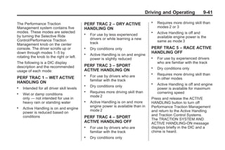 Chevrolet Corvette Owner Manual - 2012                                                           Black plate (41,1)




                                                                                         Driving and Operating            9-41

       The Performance Traction                   PERF TRAC 2 – DRY ACTIVE
                                                                                           .   Requires more driving skill than
       Management system contains five            HANDLING ON                                  modes 2 or 3
       modes. These modes are selected                                                     .   Active Handling is off and
       by turning the Selective Ride
                                                  .   For use by less experienced
                                                      drivers or while learning a new          available engine power is the
       Control/Performance Traction                                                            same as mode 3
       Management knob on the center                  track
       console. The driver scrolls up or          .   Dry conditions only                  PERF TRAC 5 – RACE ACTIVE
       down through modes 1–5 by                                                           HANDLING OFF
                                                  .   Active Handling is on and engine
       rotating the knob to the right or left.                                             .   For use by experienced drivers
                                                      power is slightly reduced
       The following is a DIC display                                                          who are familiar with the track
       description and the recommended            PERF TRAC 3 – SPORT
                                                  ACTIVE HANDLING ON
                                                                                           .   Dry conditions only
       usage of each mode:
                                                                                           .   Requires more driving skill than
       PERF TRAC 1 – WET ACTIVE
                                                  .   For use by drivers who are
                                                      familiar with the track                  in other modes
       HANDLING ON                                                                         .   Active Handling is off and engine
                                                  .   Dry conditions only
       .   Intended for all driver skill levels                                                power is available for maximum
                                                  .   Requires more driving skill than         cornering speed
       .   Wet or damp conditions
                                                      mode 2
           only — not intended for use in                                                  Press and release the ACTIVE
           heavy rain or standing water           .   Active Handling is on and more       HANDLING button to turn off
                                                      engine power is available than in    Performance Traction Management
       .   Active Handling is on and engine
                                                      mode 2                               and return to the Active Handling
           power is reduced based on
           conditions                                                                      and Traction Control Systems.
                                                  PERF TRAC 4 – SPORT                      The TRACTION SYSTEM AND
                                                  ACTIVE HANDLING OFF                      ACTIVE HANDLING-ON message
                                                  .   For use by drivers who are           displays briefly in the DIC and a
                                                      familiar with the track              chime is heard.
                                                  .   Dry conditions only
 