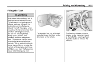 Chevrolet Corvette Owner Manual - 2012                                                   Black plate (51,1)




                                                                                 Driving and Operating              9-51

       Filling the Tank

                  { WARNING
        Fuel vapor burns violently and a
        fuel fire can cause bad injuries.
        To help avoid injuries to you and
        others, read and follow all the
        instructions on the fuel pump
        island. Turn off the engine when
        refueling. Do not smoke near fuel
        or when refueling the vehicle.
        Do not use cellular phones.           The tethered fuel cap is located     The fuel door release button is
        Keep sparks, flames, and              behind a hinged fuel door on the     located on the instrument panel
        smoking materials away from           driver side of the vehicle.          to the left of the steering wheel.
        fuel. Do not leave the fuel pump                                           Push the button to release the
        unattended when refueling the                                              fuel door.
        vehicle. This is against the law in
        some places. Do not re-enter the
        vehicle while pumping fuel. Keep
        children away from the fuel pump;
        never let children pump fuel.
 