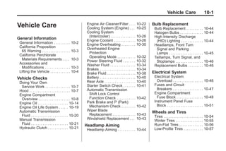 Chevrolet Corvette Owner Manual - 2012                                                                                                  Black plate (1,1)




                                                                                                                                             Vehicle Care                           10-1

       Vehicle Care                                                  Engine Air Cleaner/Filter . . . . 10-22
                                                                     Cooling System (Engine) . . . 10-25
                                                                                                                               Bulb Replacement
                                                                                                                                Bulb Replacement . . . . . . . . . . 10-44
                                                                     Cooling System                                             Halogen Bulbs . . . . . . . . . . . . . . 10-44
                                                                      (Intercooler) . . . . . . . . . . . . . . . 10-26         High Intensity Discharge
       General Information                                           Engine Coolant . . . . . . . . . . . . . 10-26              (HID) Lighting . . . . . . . . . . . . . 10-44
        General Information . . . . . . . . . .          10-2        Engine Overheating . . . . . . . . 10-30                   Headlamps, Front Turn
        California Proposition                                       Overheated Engine                                           Signal and Parking
         65 Warning . . . . . . . . . . . . . . . . .    10-3         Protection                                                 Lamps . . . . . . . . . . . . . . . . . . . . 10-45
        California Perchlorate                                        Operating Mode . . . . . . . . . . . 10-32                Taillamps, Turn Signal, and
         Materials Requirements . . . .                  10-3        Power Steering Fluid . . . . . . . 10-32                    Stoplamps . . . . . . . . . . . . . . . . 10-46
        Accessories and                                              Washer Fluid . . . . . . . . . . . . . . . 10-34           Replacement Bulbs . . . . . . . . . 10-46
         Modifications . . . . . . . . . . . . . . .     10-3        Brakes . . . . . . . . . . . . . . . . . . . . . 10-34
        Lifting the Vehicle . . . . . . . . . . . .      10-4        Brake Fluid . . . . . . . . . . . . . . . . . 10-38       Electrical System
       Vehicle Checks                                                Battery . . . . . . . . . . . . . . . . . . . . . 10-40    Electrical System
        Doing Your Own                                               Rear Axle . . . . . . . . . . . . . . . . . . 10-40          Overload . . . . . . . . . . . . . . . . . .      10-46
         Service Work . . . . . . . . . . . . . . . 10-7             Starter Switch Check . . . . . . . 10-41                   Fuses and Circuit
        Hood . . . . . . . . . . . . . . . . . . . . . . . . 10-7    Automatic Transmission                                       Breakers . . . . . . . . . . . . . . . . . .      10-47
                                                                      Shift Lock Control                                        Engine Compartment
        Engine Compartment
                                                                      Function Check . . . . . . . . . . . 10-42                  Fuse Block . . . . . . . . . . . . . . . .        10-48
         Overview . . . . . . . . . . . . . . . . . . . 10-8
                                                                     Park Brake and P (Park)                                    Instrument Panel Fuse
        Engine Oil . . . . . . . . . . . . . . . . . . 10-14
                                                                      Mechanism Check . . . . . . . . 10-42                       Block . . . . . . . . . . . . . . . . . . . . .   10-51
        Engine Oil Life System . . . . . 10-19
        Automatic Transmission                                       Wiper Blade                                               Wheels and Tires
         Fluid . . . . . . . . . . . . . . . . . . . . . . 10-20      Replacement . . . . . . . . . . . . . . 10-43
                                                                                                                                Tires . . . . . . . . . . . . . . . . . . . . . . . . 10-54
        Manual Transmission                                          Windshield Replacement . . . 10-43
                                                                                                                                Winter Tires . . . . . . . . . . . . . . . . 10-55
         Fluid . . . . . . . . . . . . . . . . . . . . . . 10-21    Headlamp Aiming                                             Run-Flat Tires . . . . . . . . . . . . . . 10-56
        Hydraulic Clutch . . . . . . . . . . . . 10-21               Headlamp Aiming . . . . . . . . . . 10-44                  Low-Profile Tires . . . . . . . . . . . 10-57
 