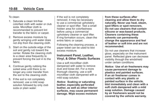 Chevrolet Corvette Owner Manual - 2012                                                    Black plate (88,1)




   10-88         Vehicle Care

   To clean:                               If the soil is not completely          from these surfaces after
   1. Saturate a clean lint-free           removed, it may be necessary           cleaning and allow them to dry
      colorfast cloth with water or club   to use a commercial upholstery         naturally. Never use heat, steam,
      soda. Microfiber cloth is            cleaner or spot lifter. Test a small   spot lifters or spot removers.
      recommended to prevent lint          hidden area for colorfastness          Do not use cleaners that contain
      transfer to the fabric or carpet.    before using a commercial              silicone or wax-based products.
                                           upholstery cleaner or spot lifter.     Cleaners containing these
   2. Remove excess moisture by            If ring formation occurs, clean the    solvents can permanently
      gently wringing until water does     entire fabric or carpet.               change the appearance and feel
      not drip from the cleaning cloth.                                           of leather or soft trim and are not
                                           Following the cleaning process, a
   3. Start on the outside edge of the     paper towel can be used to blot        recommended.
      soil and gently rub toward the       excess moisture.                       Do not use cleaners that increase
      center. Rotate the cleaning cloth                                           gloss, especially on the instrument
      to a clean area frequently to        Instrument Panel, Leather,             panel. Reflected glare can decrease
      prevent forcing the soil in to the   Vinyl, & Other Plastic Surfaces        visibility through the windshield
      fabric.                              Use a soft microfiber cloth            under certain conditions.
   4. Continue gently rubbing the          dampened with water to remove          Notice: Use of air fresheners may
      soiled area until there is no        dust and loose dirt. For a more        cause permanent damage to
      longer any color transfer from       thorough cleaning, use a soft          plastics and painted surfaces.
      the soil to the cleaning cloth.      microfiber cloth dampened with a       If an air freshener comes in
                                           mild soap solution.                    contact with any plastic or
   5. If the soil is not completely
      removed, use a mild soap             Notice: Soaking or saturating          painted surface in the vehicle,
      solution followed by only club       leather, especially perforated         blot immediately and clean with a
      soda or plain water.                 leather, as well as other interior     soft cloth dampened with a mild
                                           surfaces, may cause permanent          soap solution. Damage caused
                                           damage. Wipe excess moisture           by air fresheners would not be
                                                                                  covered by the vehicle warranty.
 