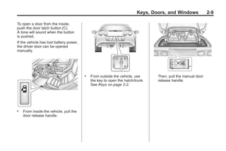 Chevrolet Corvette Owner Manual - 2012                                                   Black plate (9,1)




                                                                               Keys, Doors, and Windows             2-9

       To open a door from the inside,
       push the door latch button (C).
       A tone will sound when the button
       is pushed.
       If the vehicle has lost battery power,
       the driver door can be opened
       manually.




                                                .   From outside the vehicle, use      Then, pull the manual door
                                                    the key to open the hatch/trunk.   release handle.
                                                    See Keys on page 2‑2.




       .   From inside the vehicle, pull the
           door release handle.
 