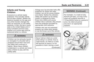 Chevrolet Corvette Owner Manual - 2012                                                        Black plate (31,1)




                                                                                        Seats and Restraints            3-31

       Infants and Young                       Airbags plus lap‐shoulder belts offer
                                                                                             WARNING (Continued)
                                               protection for adults and older
       Children                                children, but not for young children
       Everyone in a vehicle needs             and infants. Neither the vehicle's         For example, in a crash at only
       protection! This includes infants       safety belt system nor its airbag          40 km/h (25 mph), a 5.5 kg (12 lb)
       and all other children. Neither the     system is designed for them.               infant will suddenly become a
       distance traveled nor the age and       Every time infants and young               110 kg (240 lb) force on a person's
       size of the traveler changes the        children ride in vehicles, they should     arms. An infant should be
       need, for everyone, to use safety       have the protection provided by            secured in an appropriate
       restraints. In fact, the law in every   appropriate child restraints.              restraint.
       state in the United States and in       Children who are not restrained
       every Canadian province says            properly can strike other people,
       children up to some age must be         or can be thrown out of the vehicle.
       restrained while in a vehicle.

                  { WARNING                              { WARNING
                                                Never hold an infant or a child
        Children can be seriously injured       while riding in a vehicle. Due to
        or strangled if a shoulder belt is      crash forces, an infant or a child
        wrapped around their neck and           will become so heavy it is not
        the safety belt continues to            possible to hold it during a crash.
        tighten. Never leave children
        unattended in a vehicle and never                               (Continued)
        allow children to play with the
        safety belts.
 