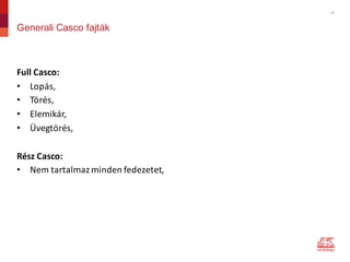 17
Generali Casco fajták
Full Casco:
• Lopás,
• Törés,
• Elemikár,
• Üvegtörés,
Rész	Casco:
• Nem	tartalmaz	minden	fedezetet,
 
