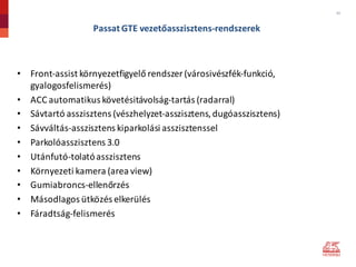 22
Passat GTE	vezetőasszisztens-rendszerek
• Front-assist környezetfigyelő	rendszer	(városivészfék-funkció,	
gyalogosfelismerés)
• ACC	automatikus	követésitávolság-tartás (radarral)
• Sávtartó	asszisztens	(vészhelyzet-asszisztens,	dugóasszisztens)
• Sávváltás-asszisztens	kiparkolási	asszisztenssel
• Parkolóasszisztens 3.0
• Utánfutó-tolató	asszisztens
• Környezeti	kamera	(area view)
• Gumiabroncs-ellenőrzés
• Másodlagos	ütközés	elkerülés
• Fáradtság-felismerés
 