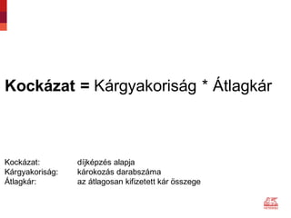 Kockázat = Kárgyakoriság * Átlagkár
Kockázat: díjképzés alapja
Kárgyakoriság: károkozás darabszáma
Átlagkár: az átlagosan kifizetett kár összege
 