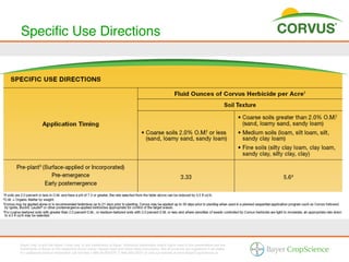 Speciﬁc Use Directions!




Bayer (reg d) and the Bayer Cross (reg d) are trademarks of Bayer. Additional trademarks and/or logos used in this presentation are the
trademarks of Bayer or the respective brand owner. Always read and follow label instructions. Not all products are registered in all states.
For additional product information call toll-free 1-866-99-BAYER (1-866-992-2937) or visit our website at www.BayerCropScience.us.
 