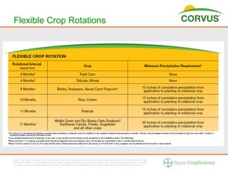 Flexible Crop Rotations




Bayer (reg d) and the Bayer Cross (reg d) are trademarks of Bayer. Additional trademarks and/or logos used in this presentation are the
trademarks of Bayer or the respective brand owner. Always read and follow label instructions. Not all products are registered in all states.
For additional product information call toll-free 1-866-99-BAYER (1-866-992-2937) or visit our website at www.BayerCropScience.us.
 